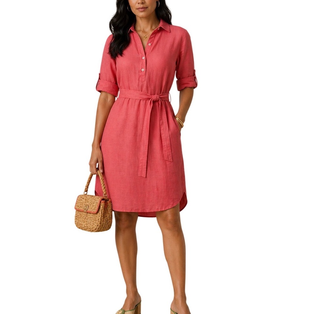 J MCLAUGHLIN Linen Shirt Dress XS Coral Pink Belted Button Front Coastal Prep